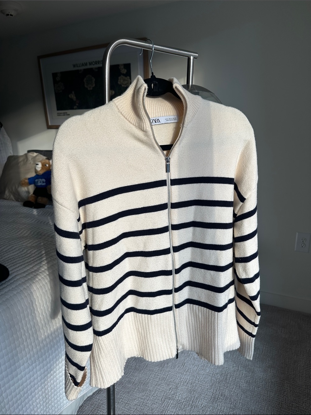 Zara Cream Zip-Up Sweater with Navy Stripes